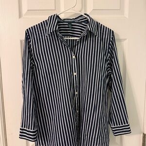 Navy and White Striped Lauren Ralph Lauren Button-Up Shirt Size L